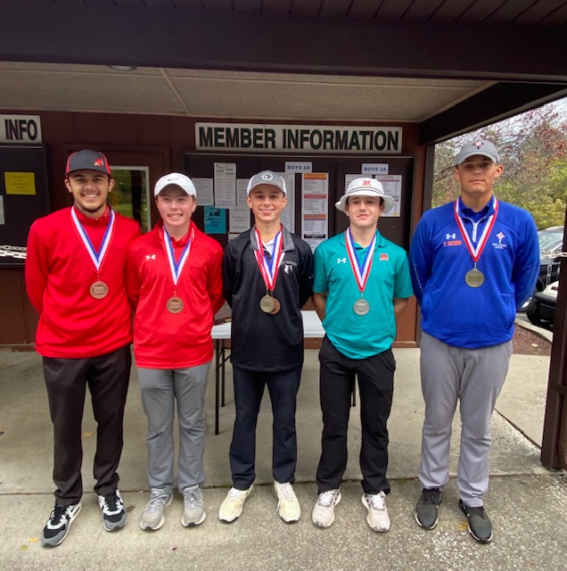 2A Medalists 
(L-R) Nick Baum - Central Martinsburg 5th place, Griffith Snowberger - Central Martinsburg 4th place (card-off), Alex Talmadge - West Shamokin 3rd place (card-off), Brennan Karalfa - Bishop McCort 2nd place, Timothy Peters - St. Joseph's Academy District 6 Boys 2A Champion.
